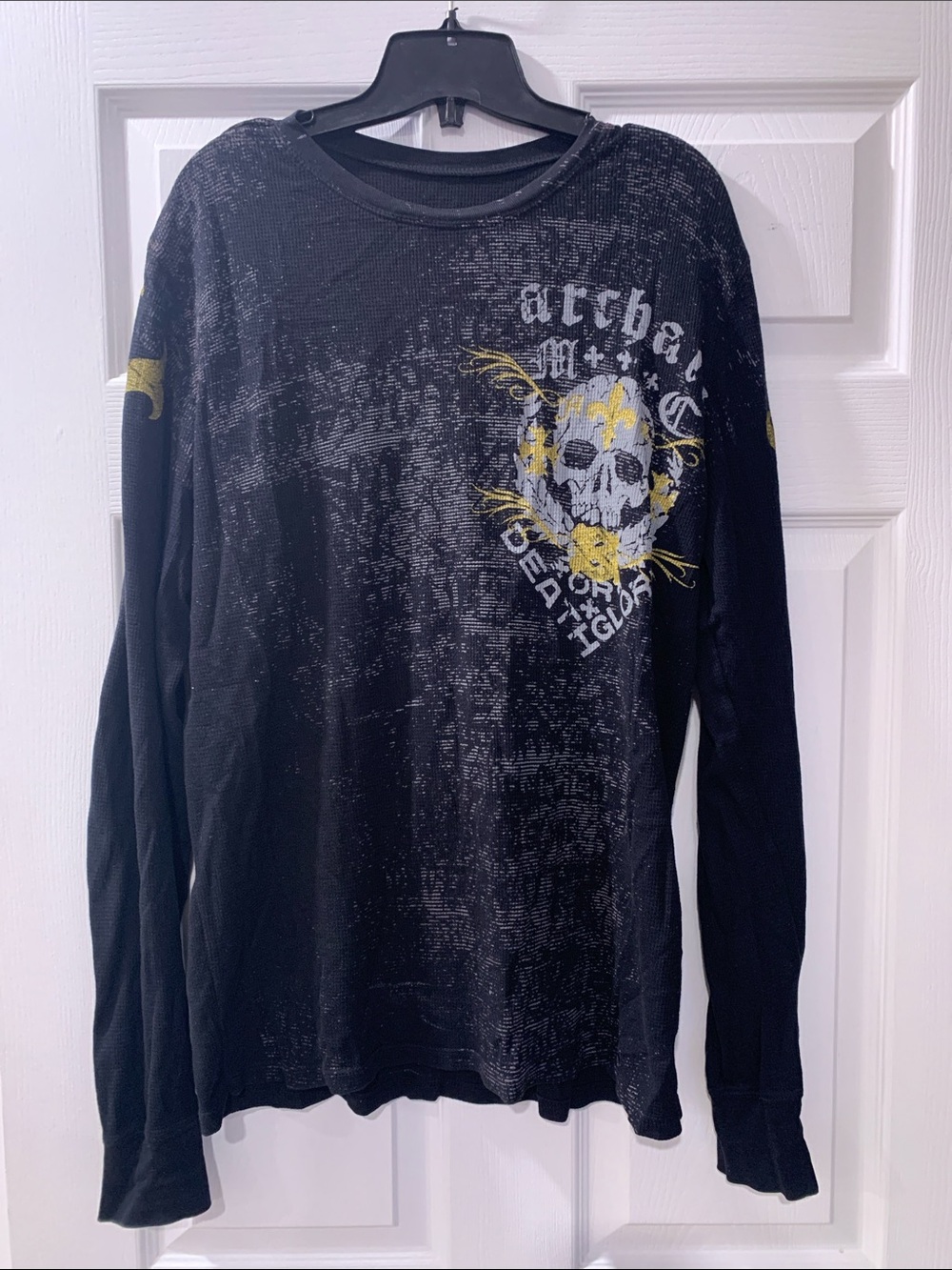 Affliction Black Long Sleeve Graphic Skull Shirt with Yellow Accents